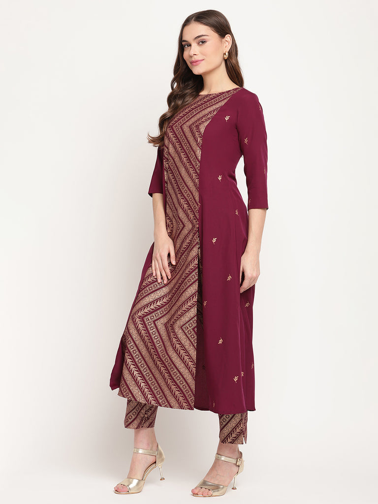 Women's Wine Crepe Gold Glitter Print Kurta Trouser Se