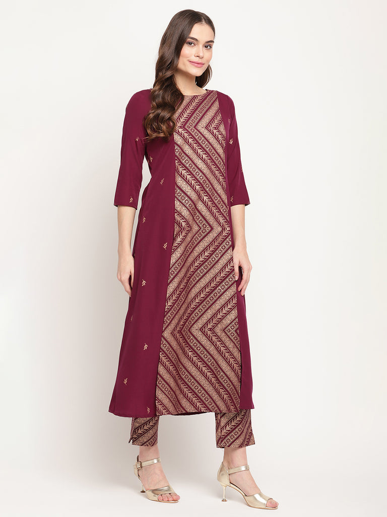 Women's Wine Crepe Gold Glitter Print Kurta Trouser Se