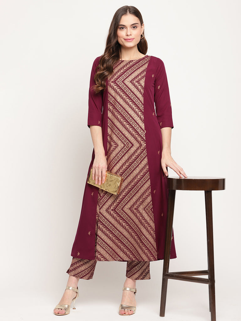 Women's Wine Crepe Gold Glitter Print Kurta Trouser Se