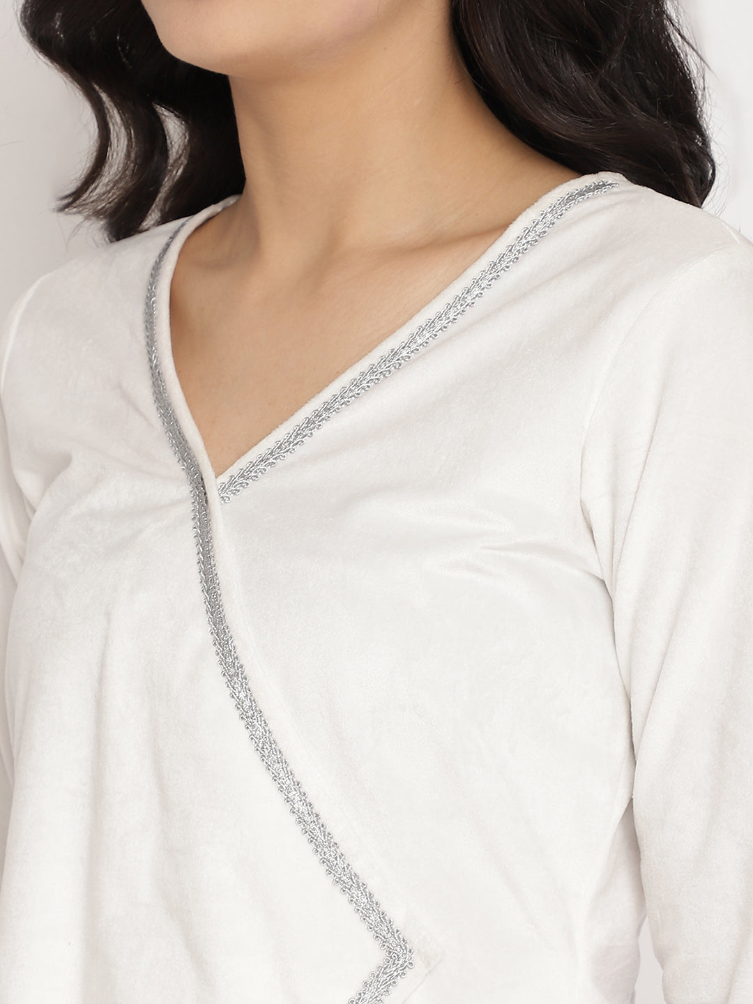 Women's White Solid Velvet Angrakha Kurta With Gold Printed Pant- Ahalyaa