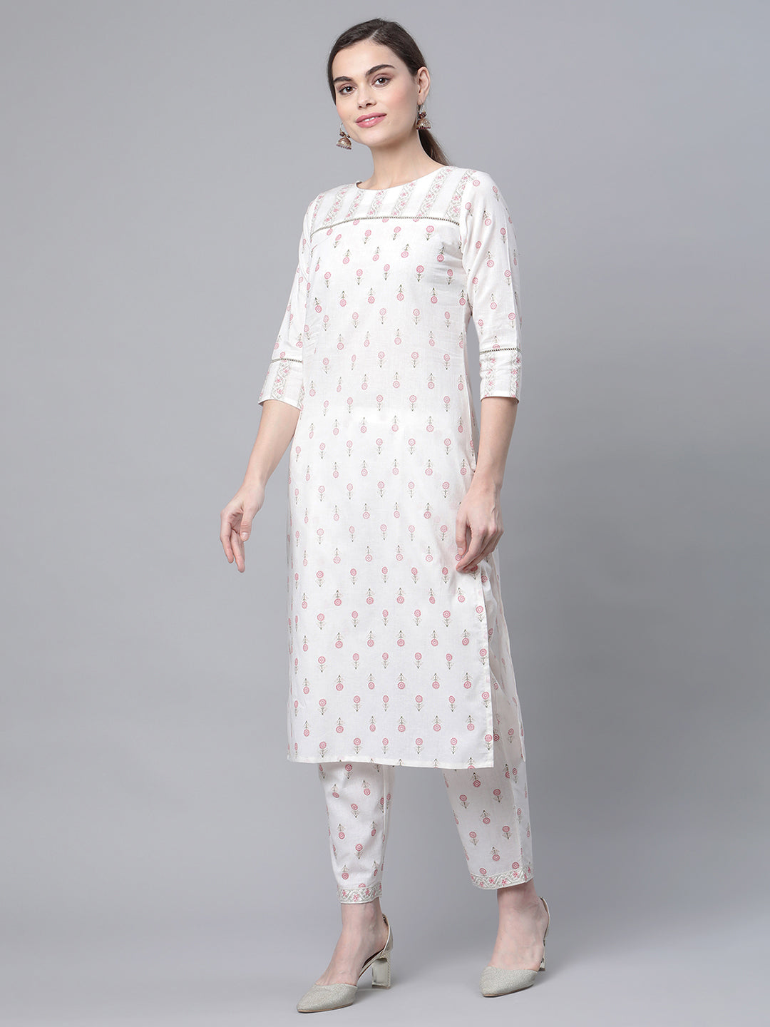 Women's White Cotton Printed Kurta Pant Set - Ahalyaa
