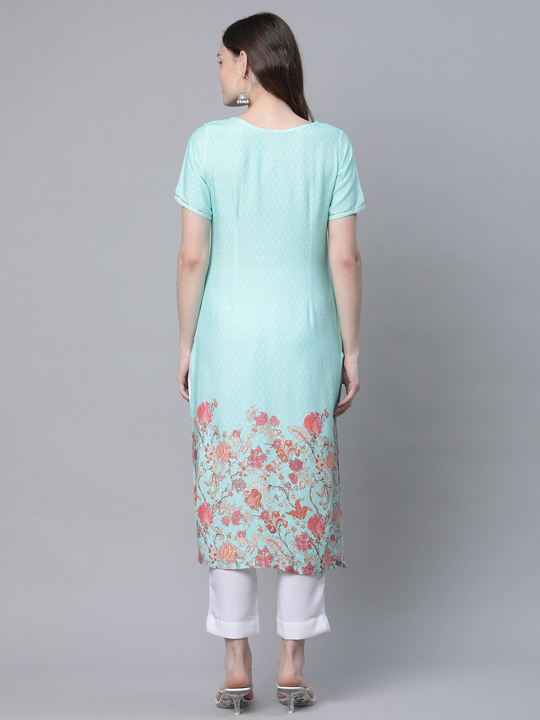 Women's Sky Blue Rayon Printed Kurta Pant Set - Ahalyaa