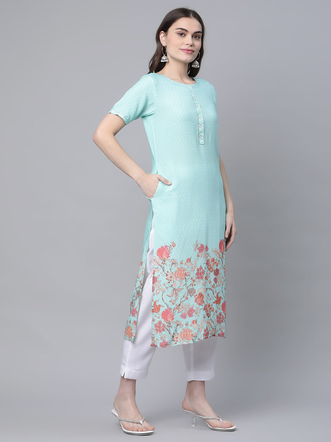 Women's Sky Blue Rayon Printed Kurta Pant Set - Ahalyaa