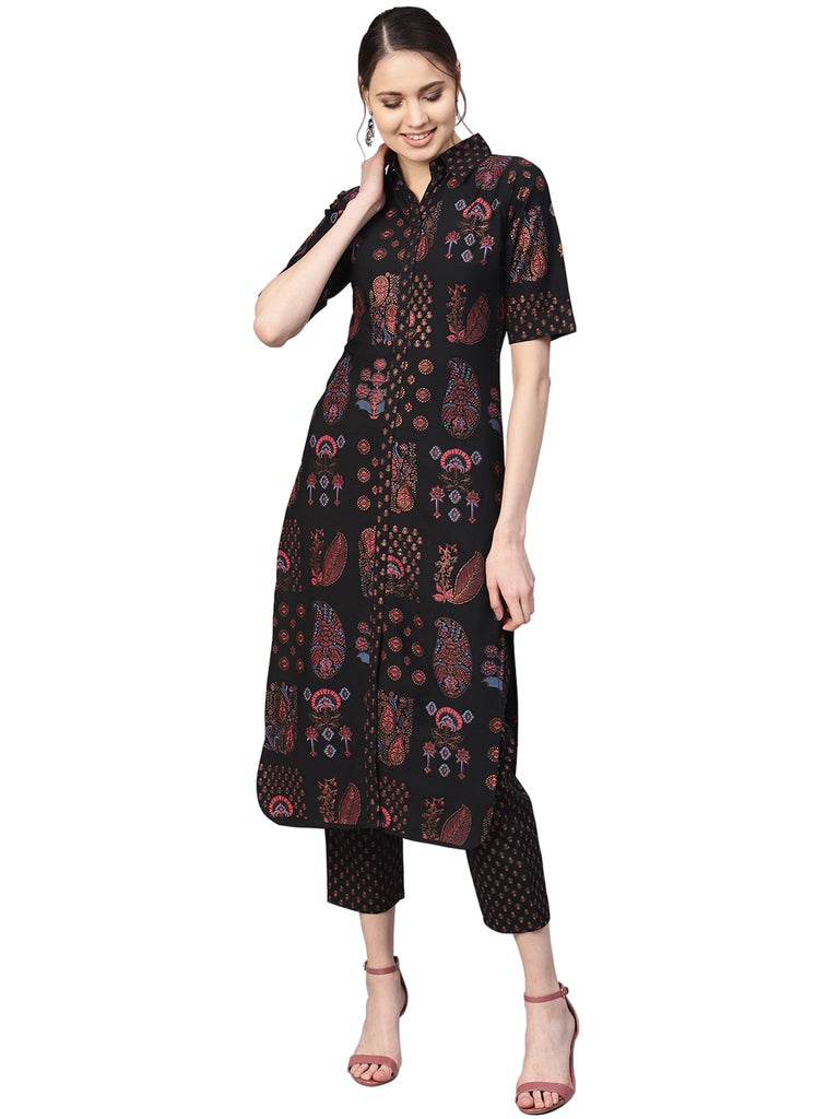 Women's Black Poly Crepe Pathani Kurta Sets