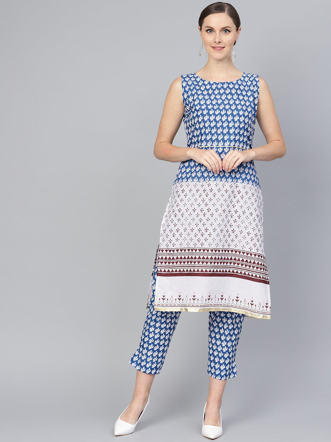 Women's Blue And White Cotton Straight Printed Kurta With Pant  - Ahalyaa