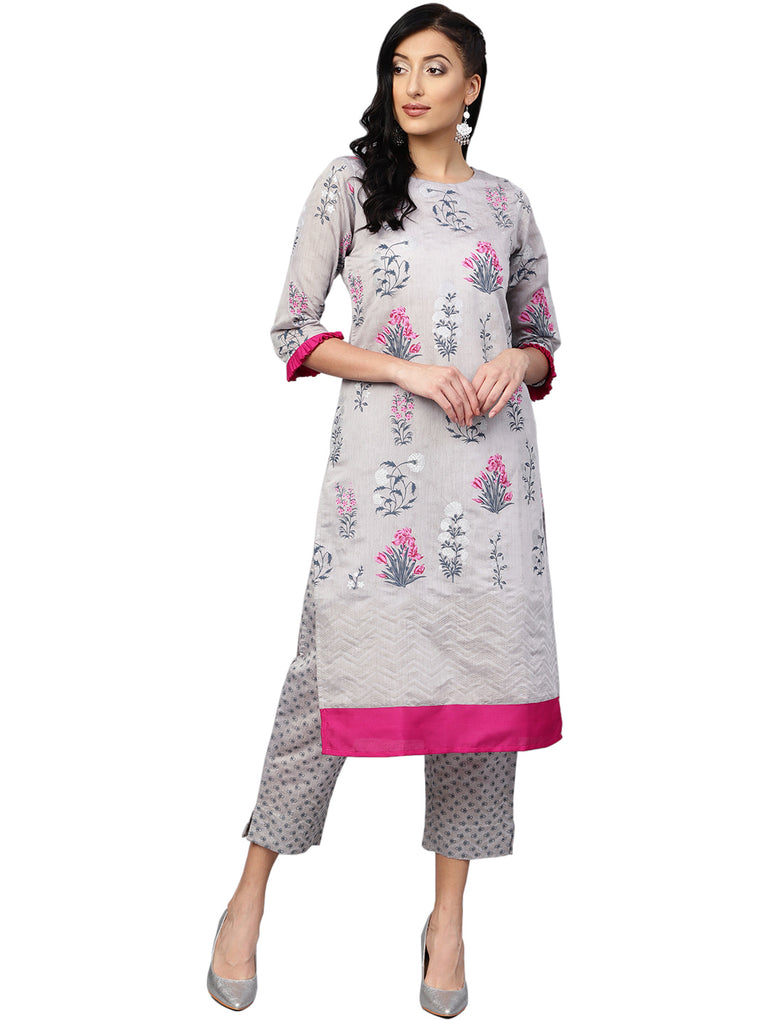 Women's Grey & Pink Printed Straight Kurta With Pant