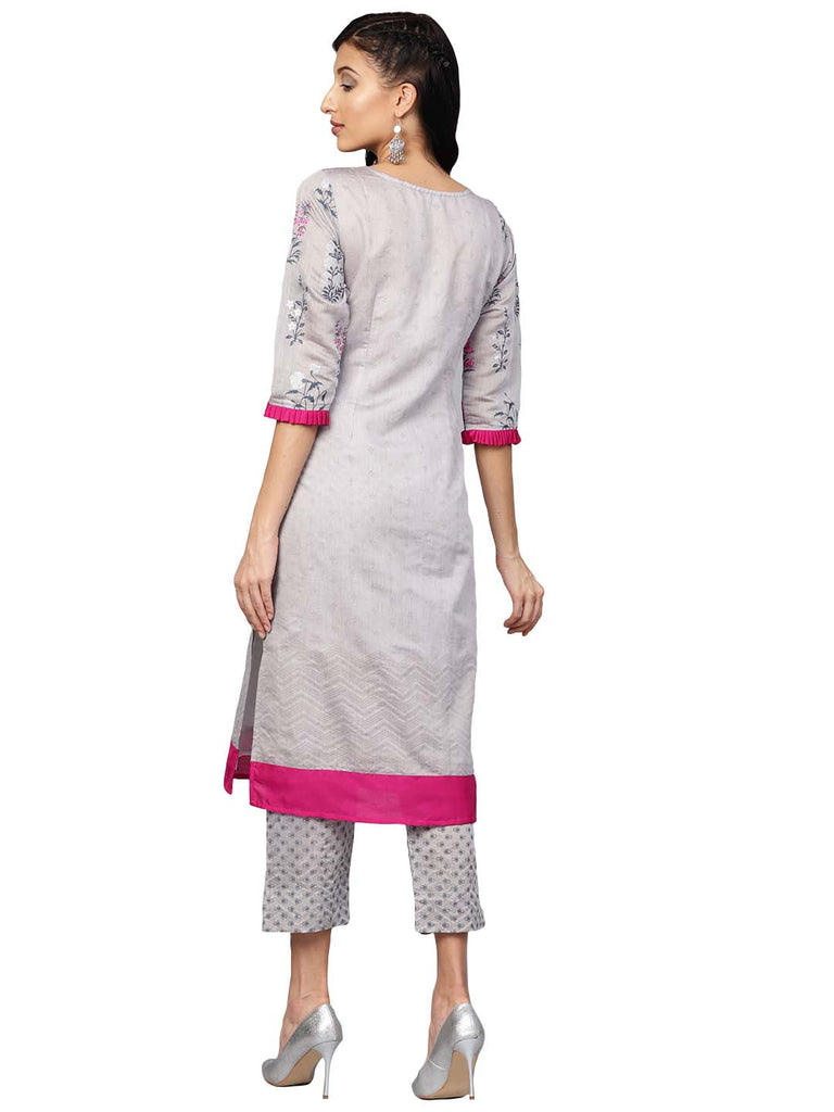 Women's Grey & Pink Printed Straight Kurta With Pant