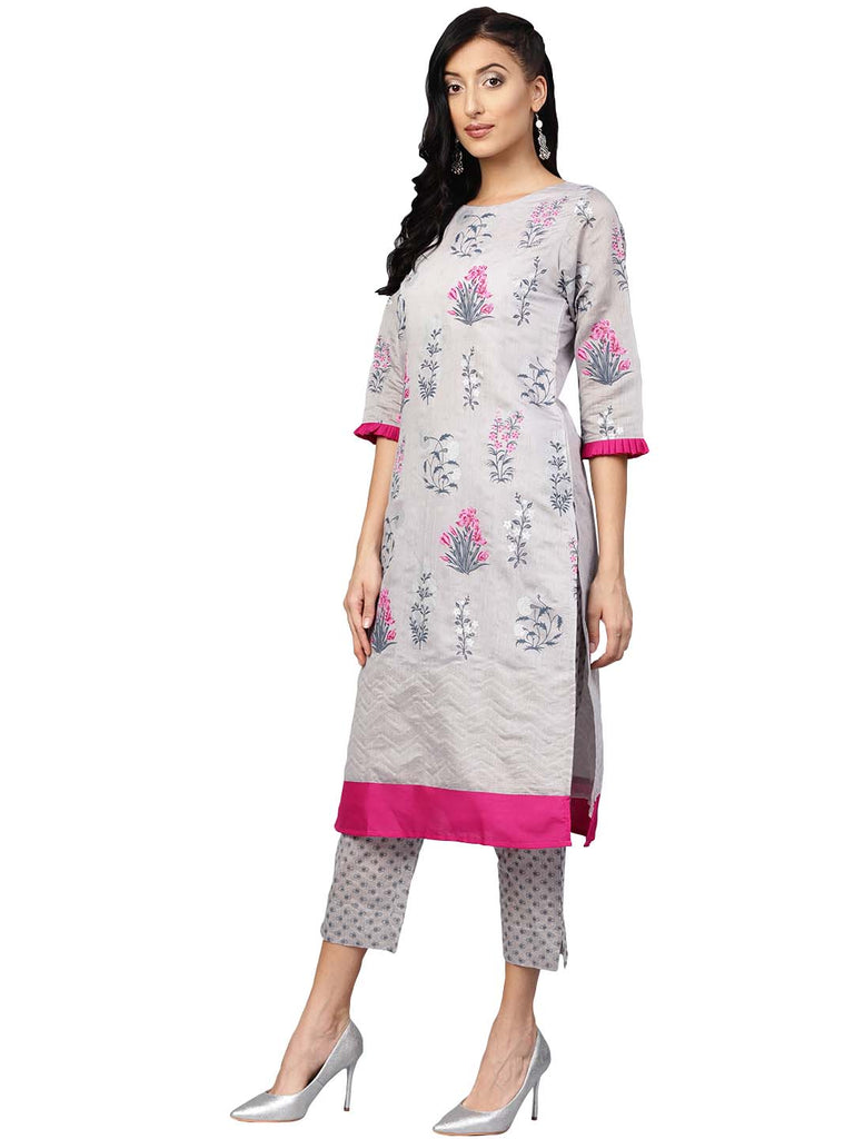 Women's Grey & Pink Printed Straight Kurta With Pant