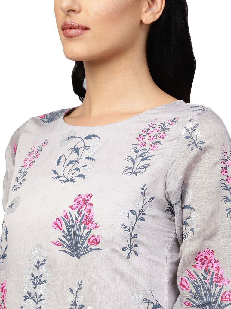 Women's Grey & Pink Printed Straight Kurta With Pant