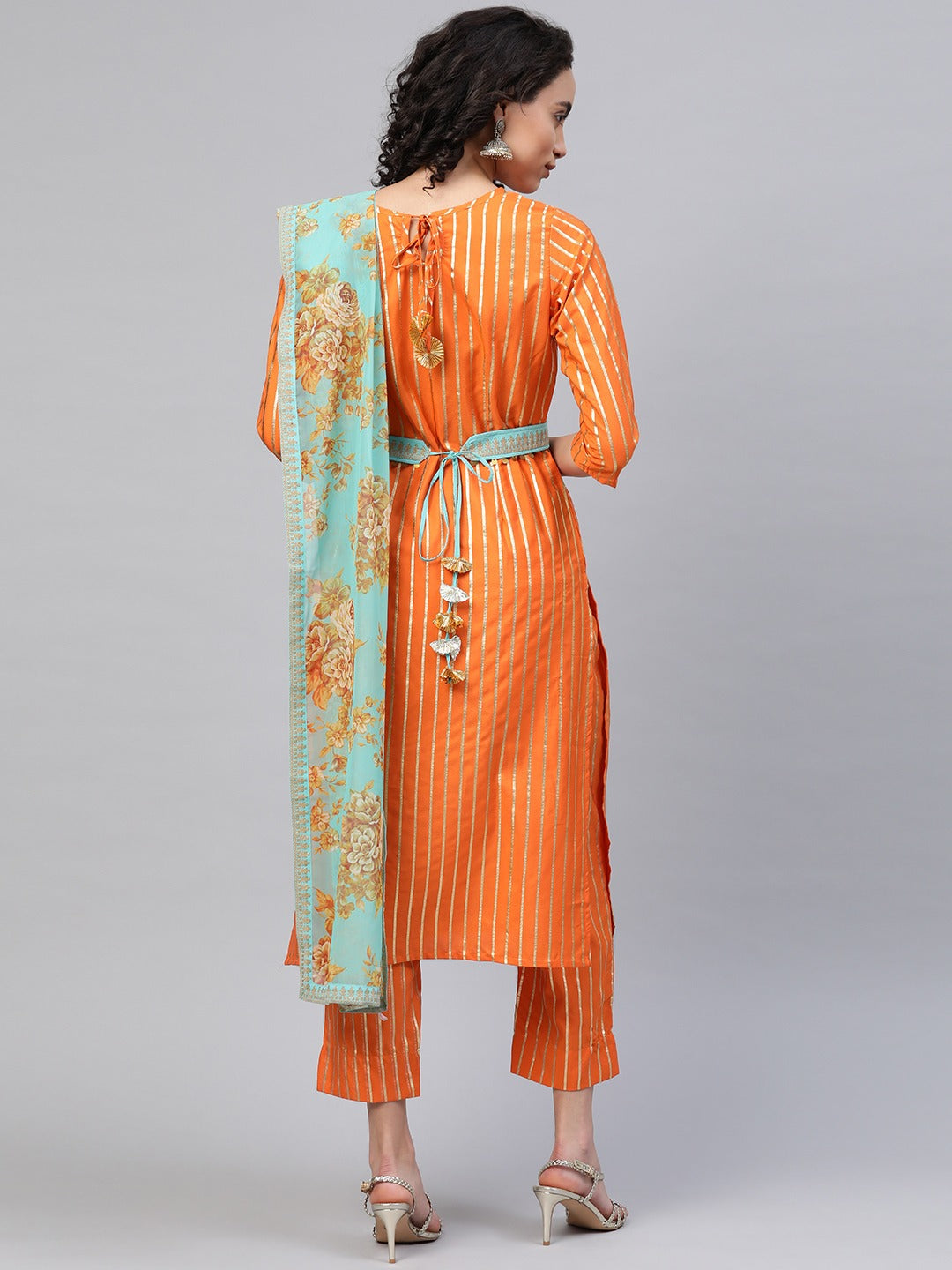 Women's  Orange Crepe Gold Print Stripped Kurta With Palazzo And Dupatta Set- Ahalyaa