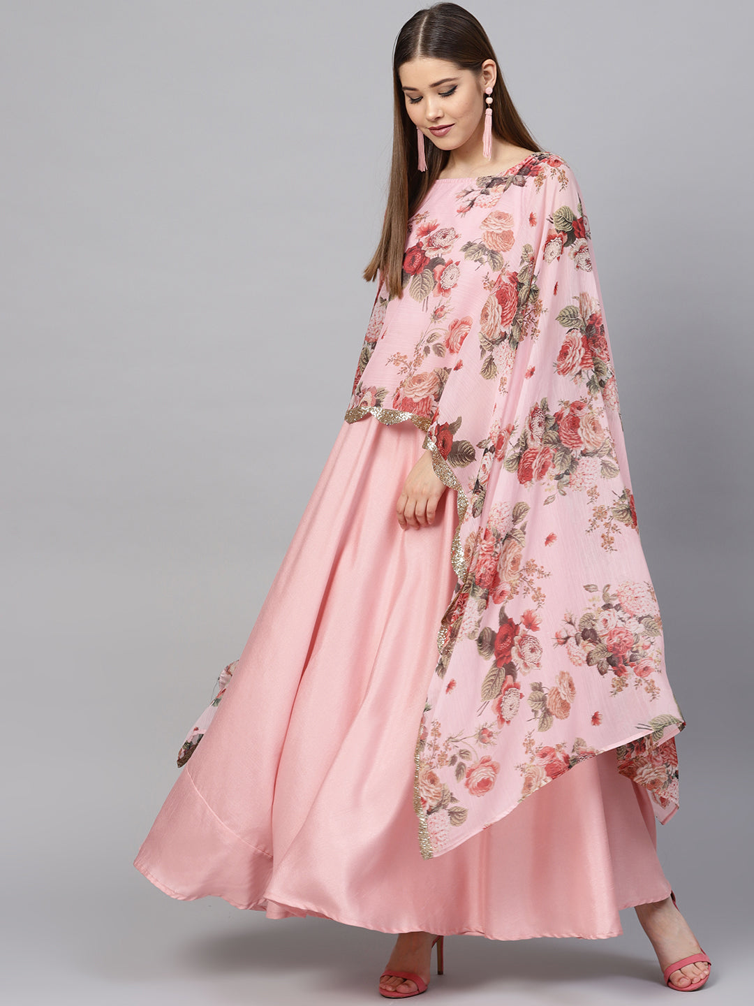 Women's Pink Poly Silk Kurta With Attached Printed Dupatta - Ahalyaa