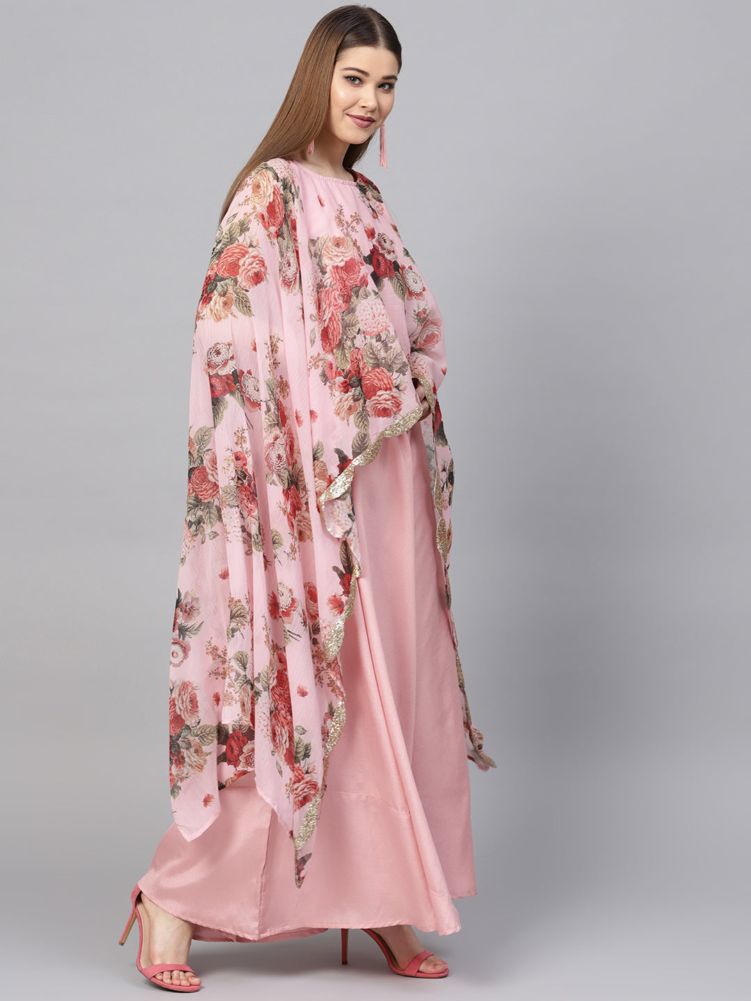 Women's Pink Poly Silk Kurta With Attached Printed Dupatta - Ahalyaa