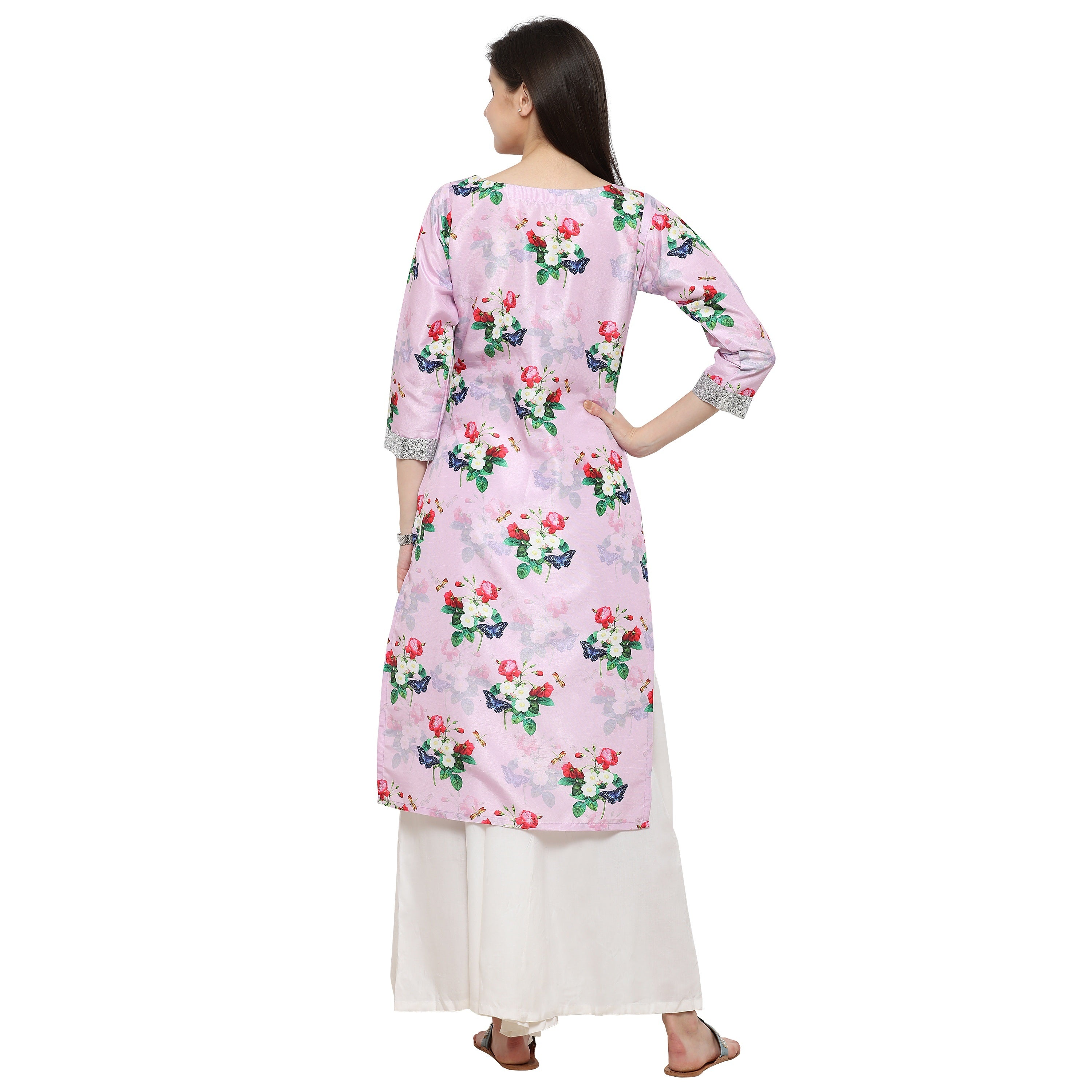 Women's Pink & Silver Floral Straight Only Kurta - Ahalyaa