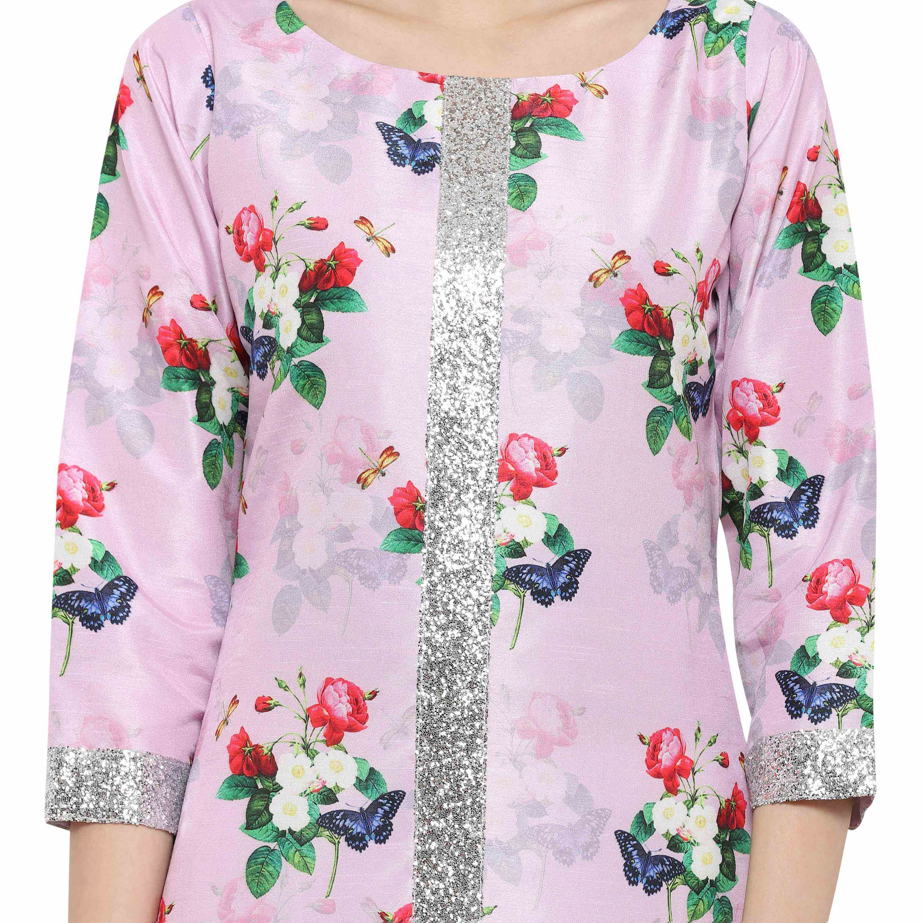 Women's Pink & Silver Floral Straight Only Kurta - Ahalyaa