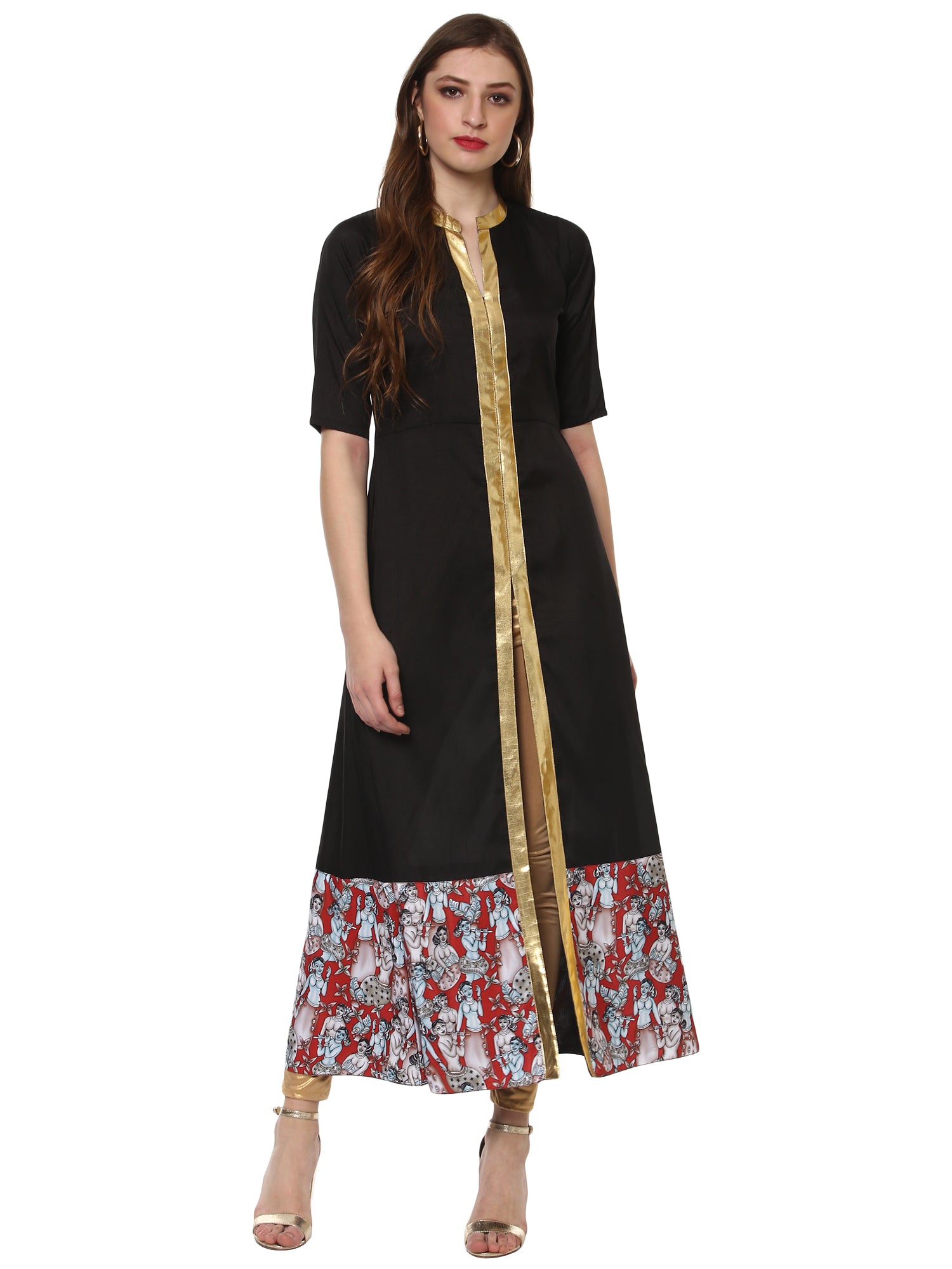 Women's Black Faux Silk Only Kurta With Centre Slit & Red Figurine Border - Ahalyaa