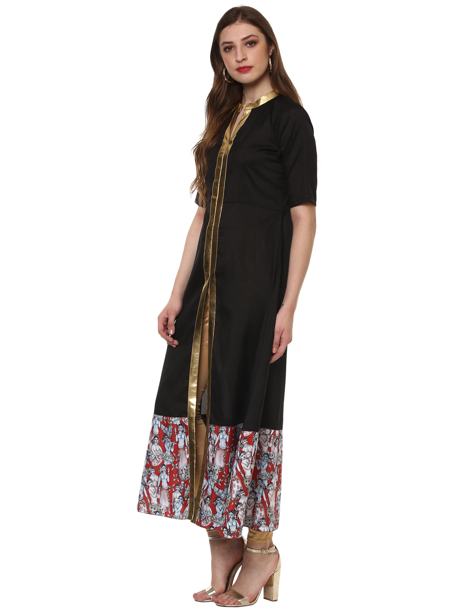 Women's Black Faux Silk Only Kurta With Centre Slit & Red Figurine Border - Ahalyaa