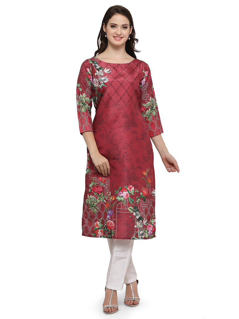 Women's Straight Faux Silk Maroon Floral Only Kurta