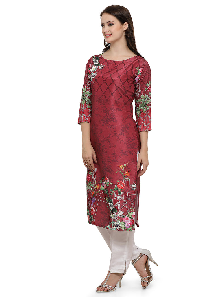 Women's Straight Faux Silk Maroon Floral Only Kurta