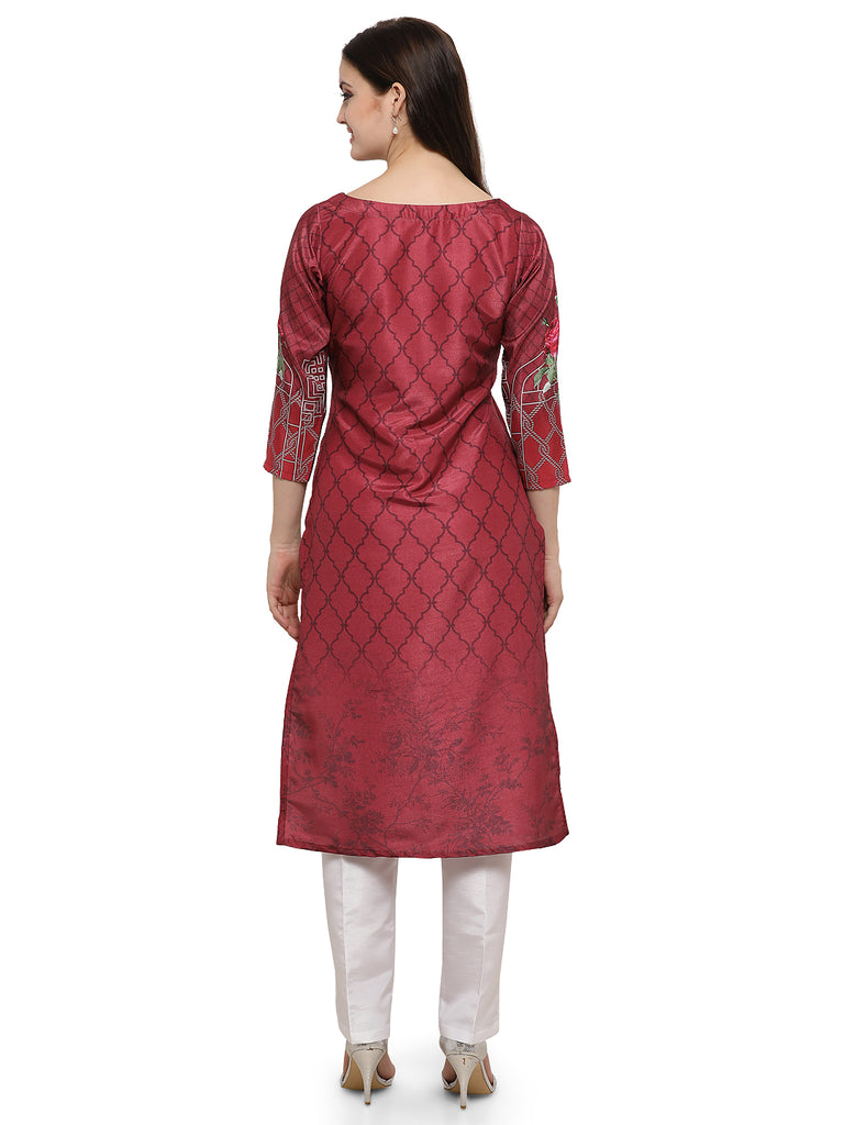 Women's Straight Faux Silk Maroon Floral Only Kurta
