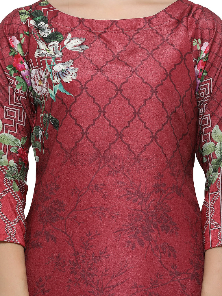 Women's Straight Faux Silk Maroon Floral Only Kurta