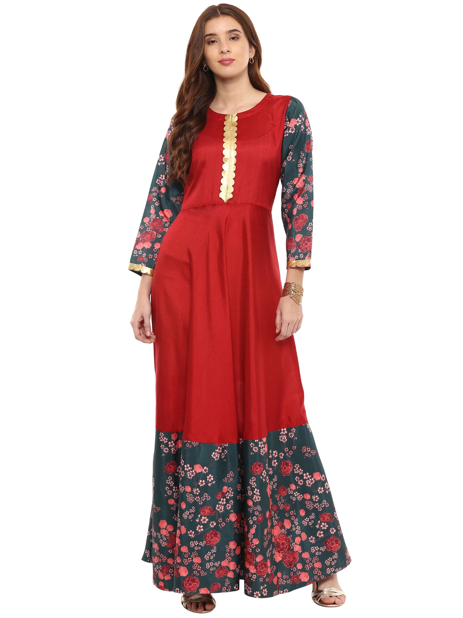 Women's Poly Silk Printed Flared Only Dress In Red - Ahalyaa