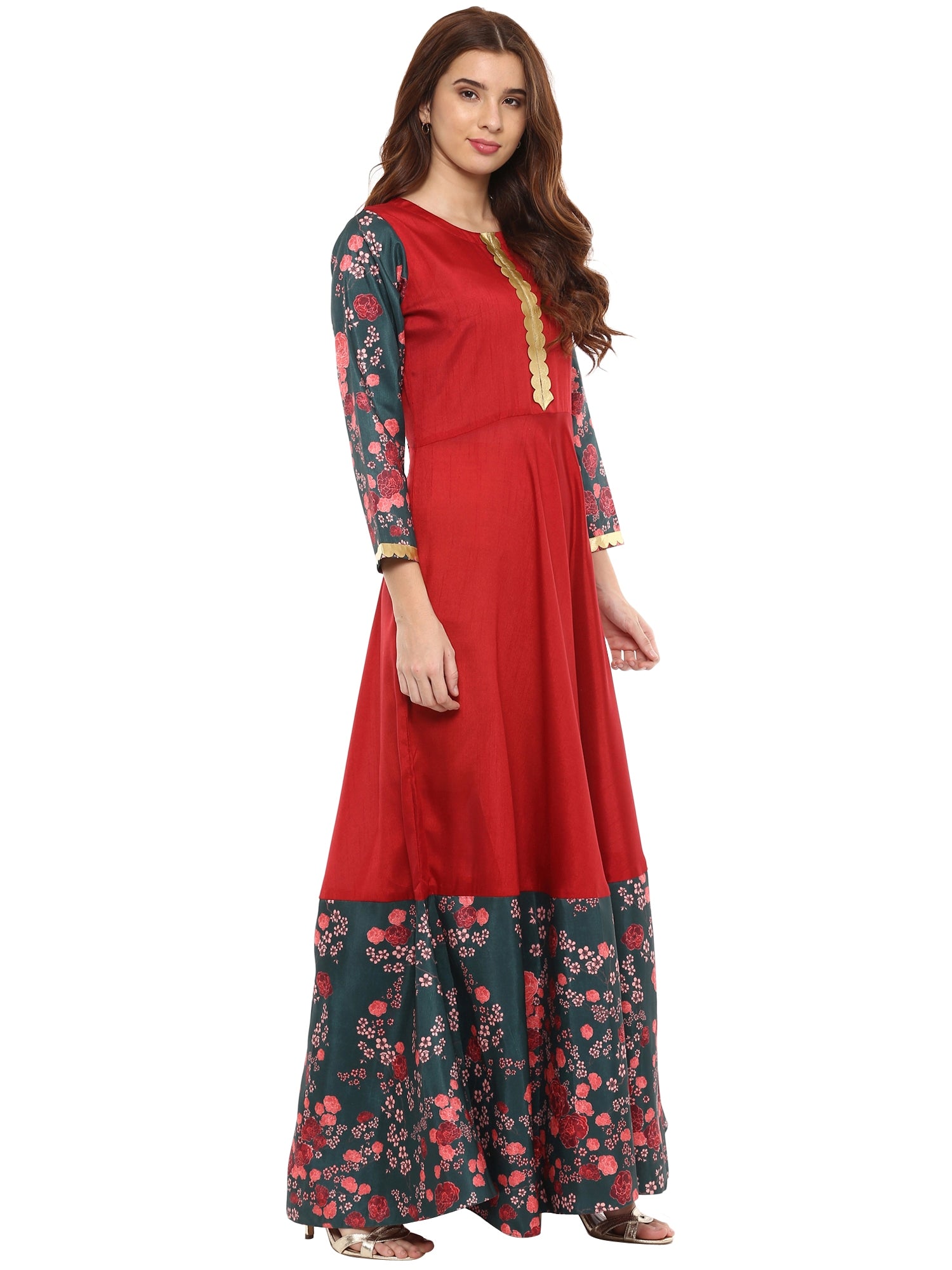 Women's Poly Silk Printed Flared Only Dress In Red - Ahalyaa