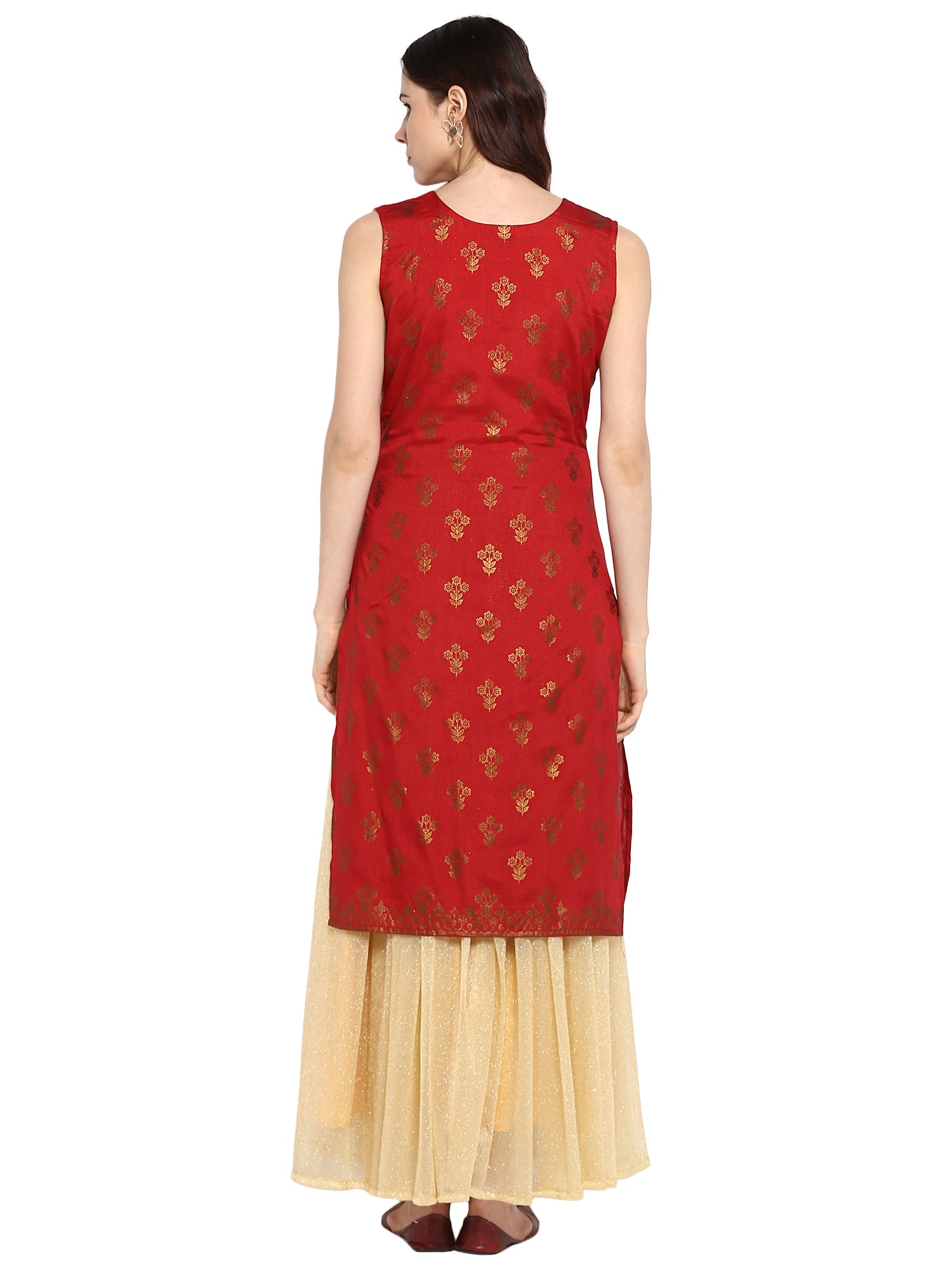 Women's Double Layered Red & Gold Floor Length Only Kurta Dress - Ahalyaa