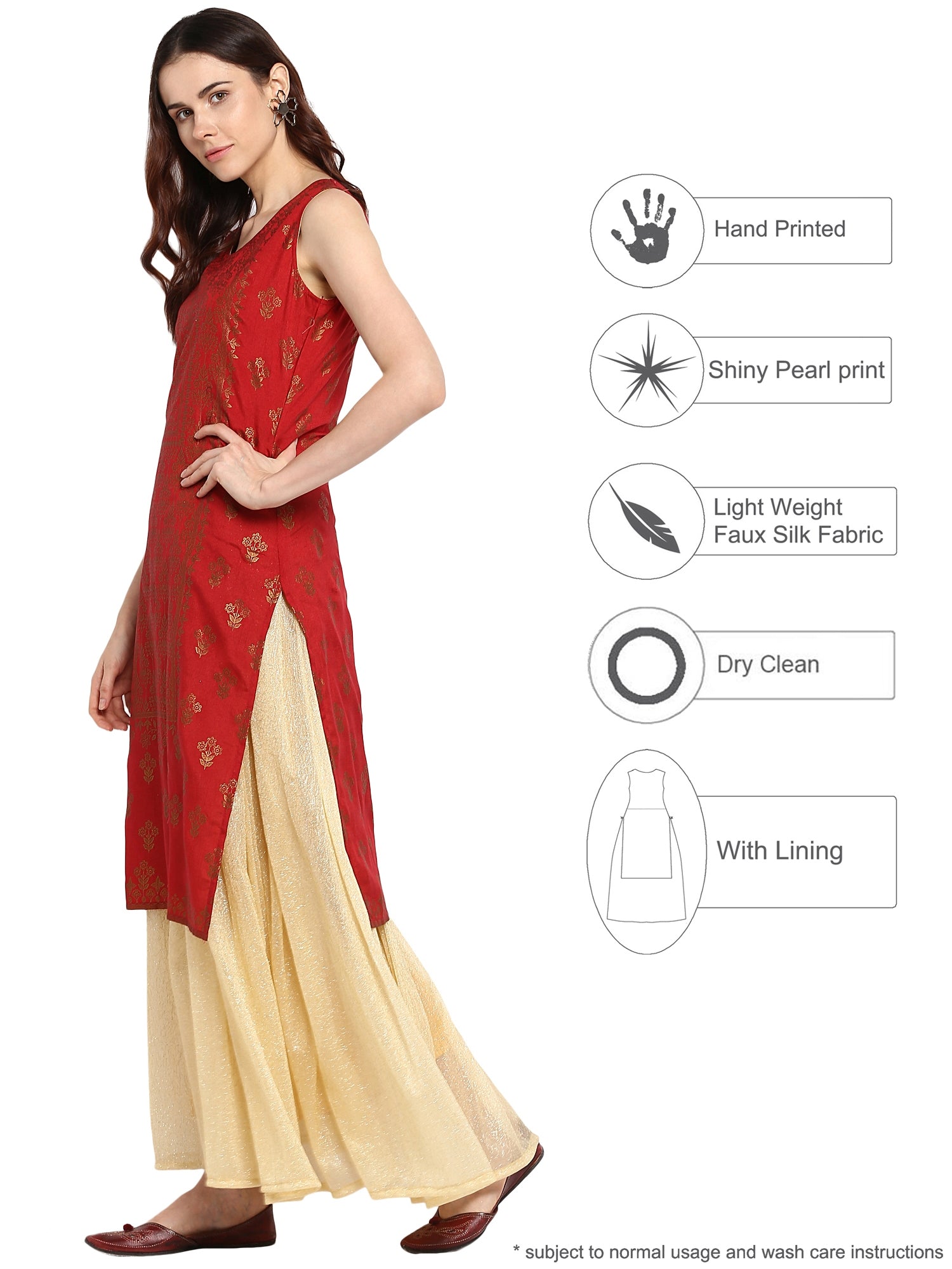 Women's Double Layered Red & Gold Floor Length Only Kurta Dress - Ahalyaa