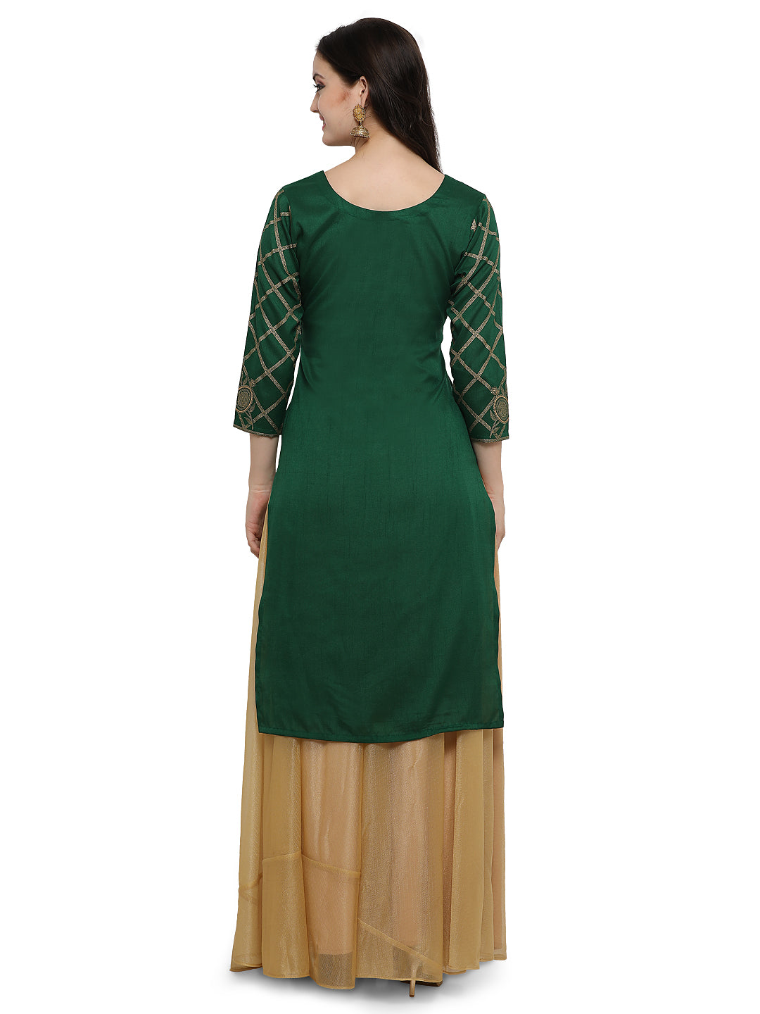 Women's Green Poly Silk Gold Foil Print Kurta - Ahalyaa