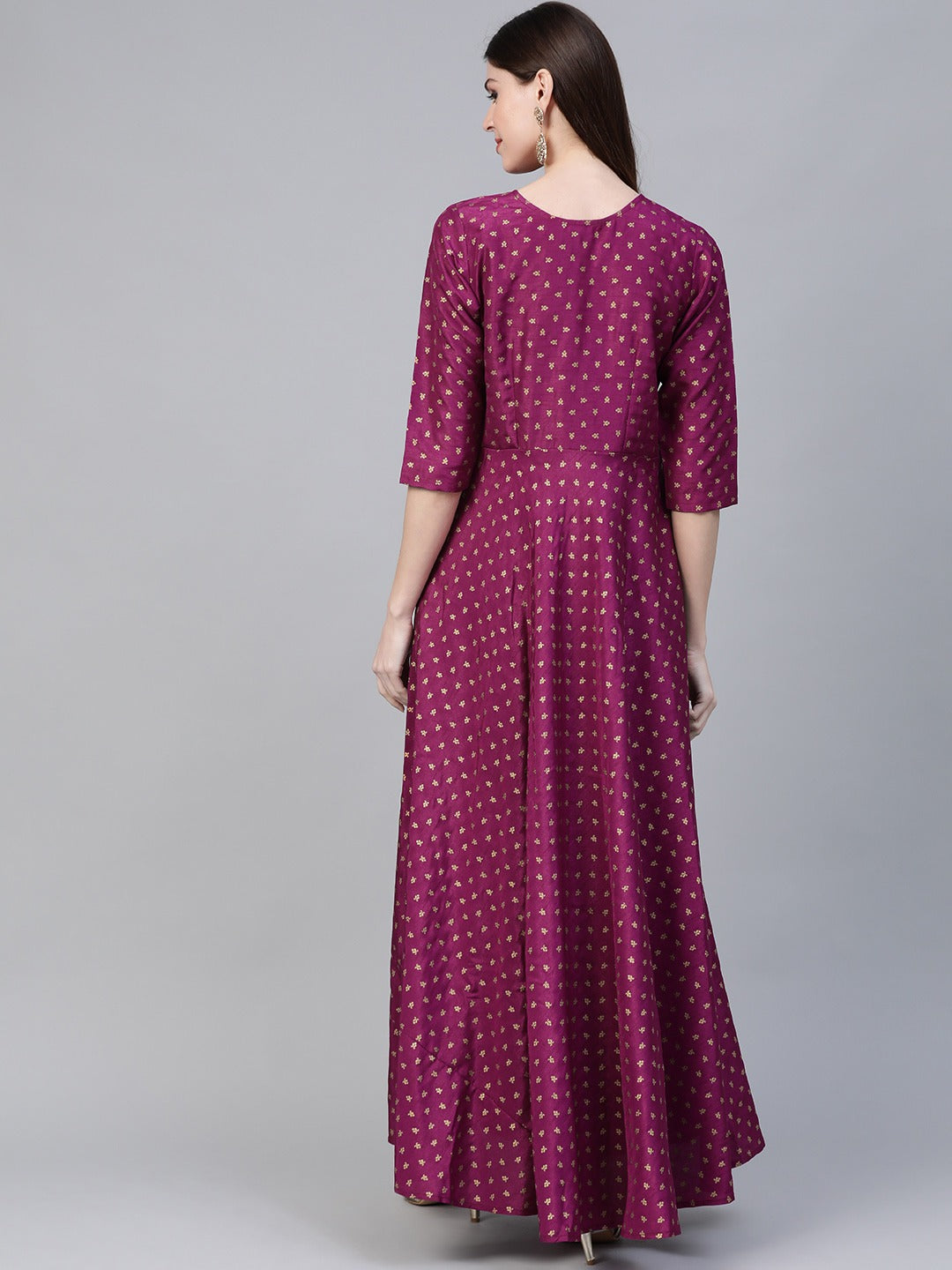 Women's  Purple Poly Silk Gold Print Gown - Ahalyaa