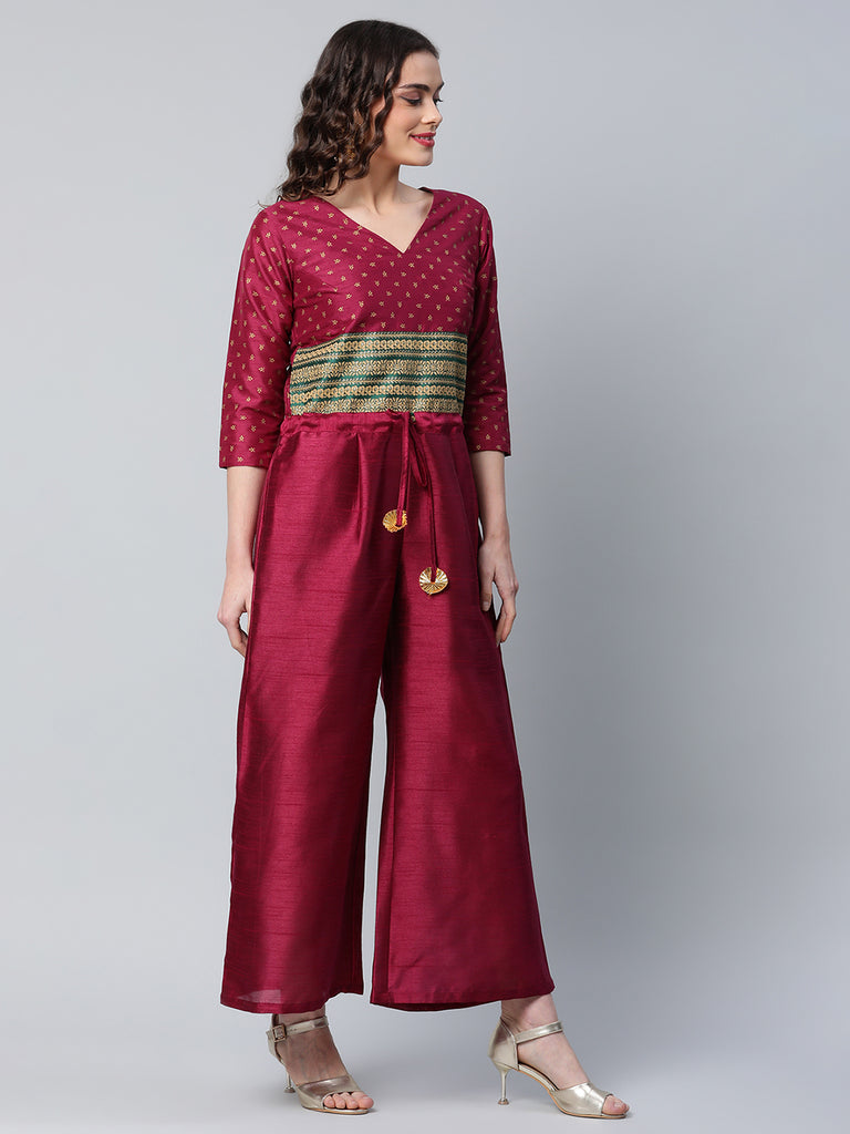 Women's Burgundy Crepe Printed Jumpsuit