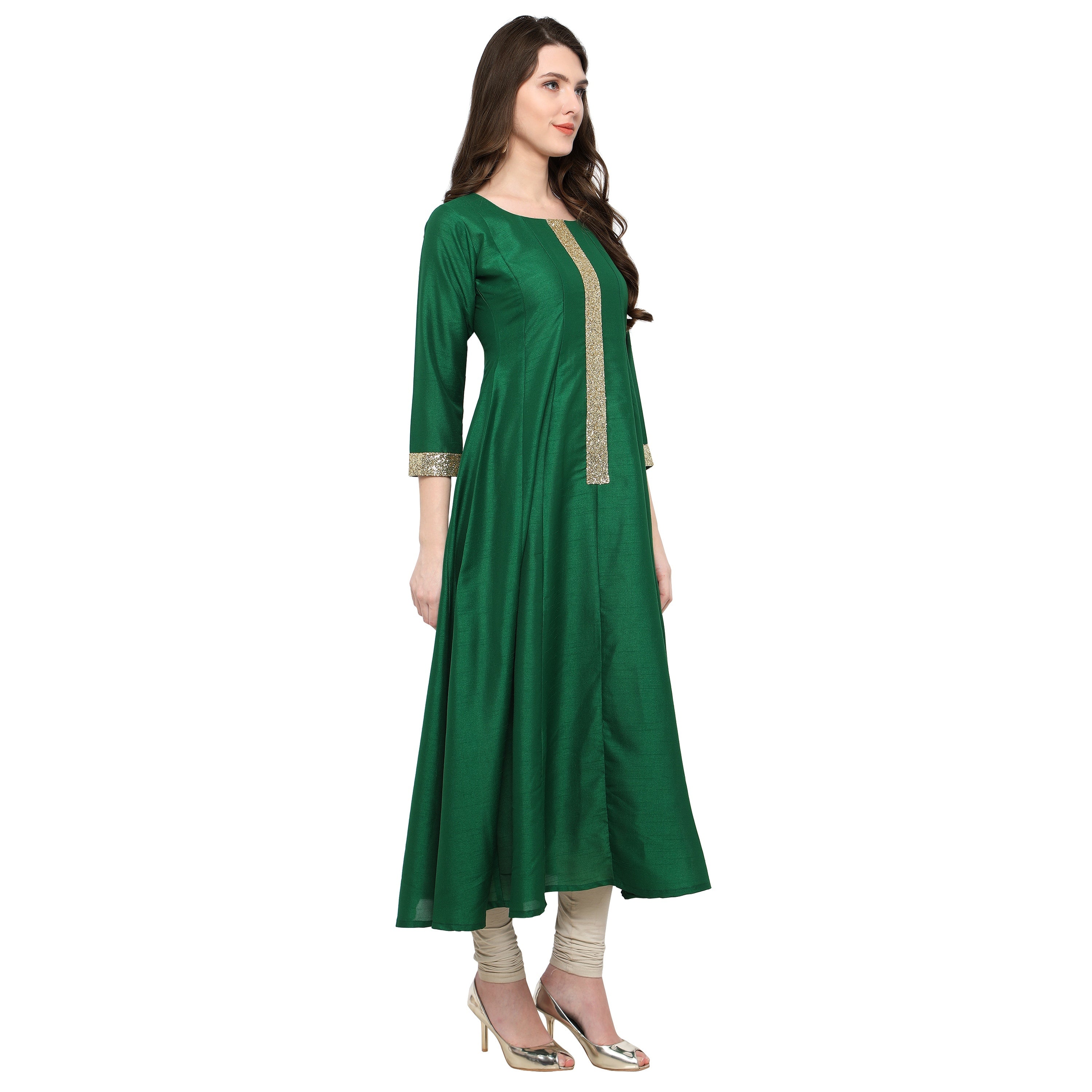 Women's Women's Green And Gold Anarkali Kurta Only For Festive And Party Wear - Ahalyaa