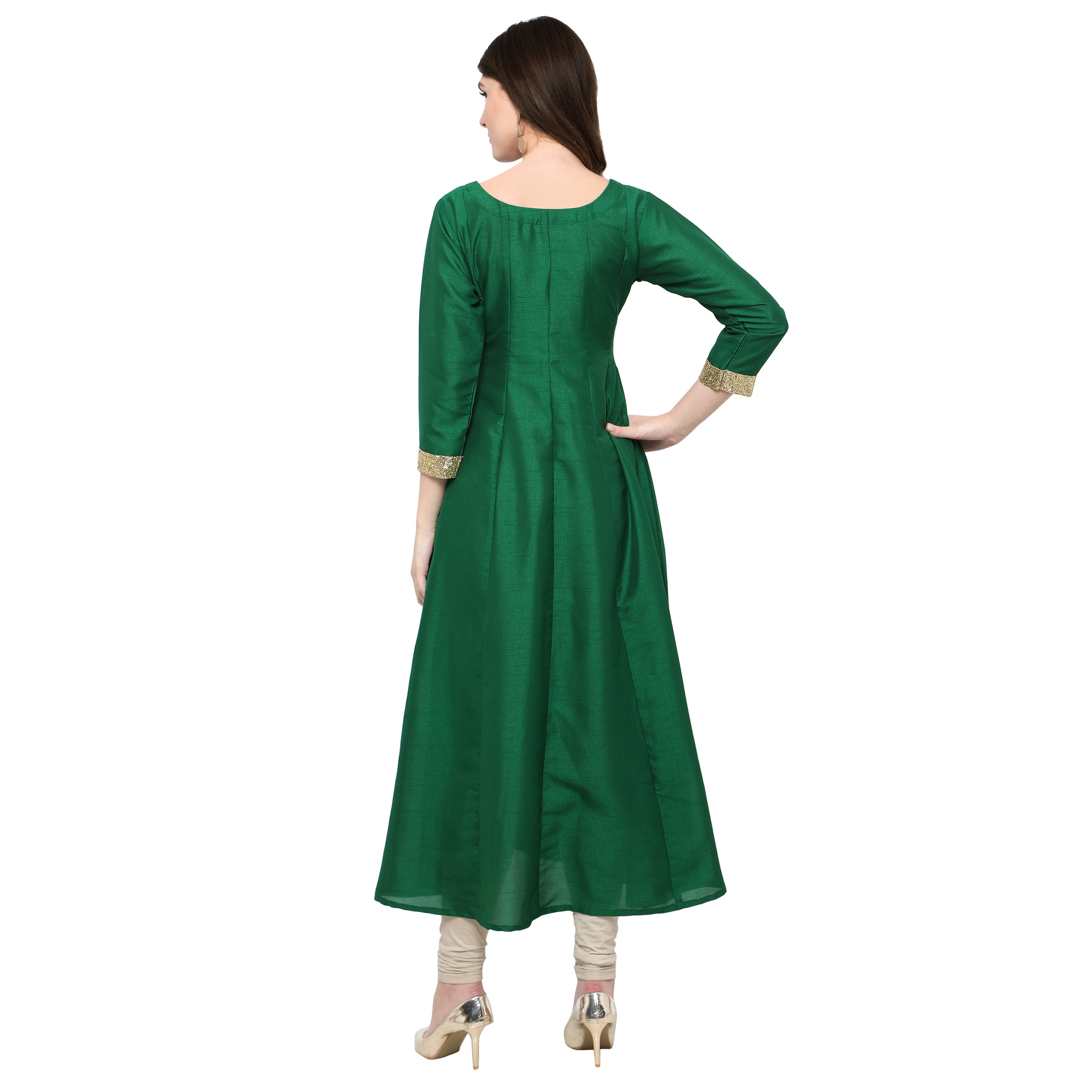 Women's Women's Green And Gold Anarkali Kurta Only For Festive And Party Wear - Ahalyaa