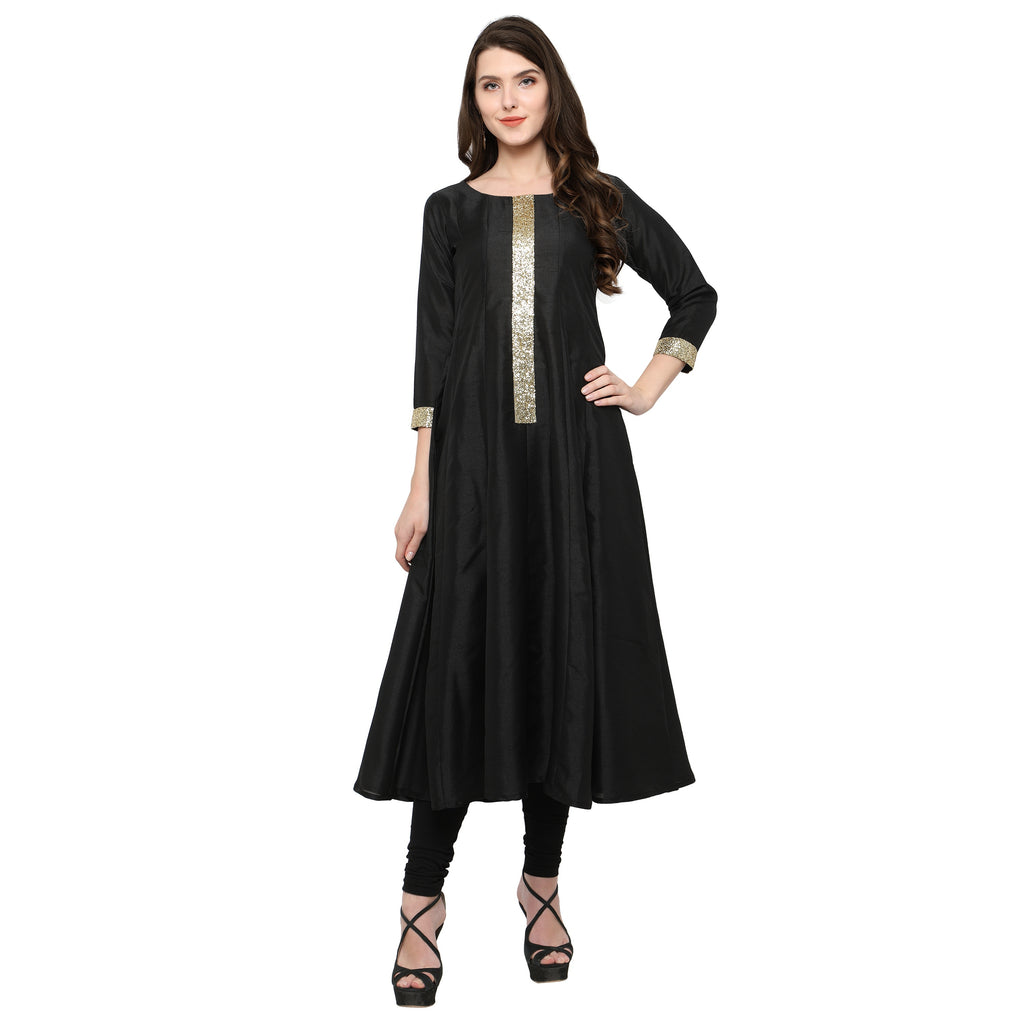 Women's Women's Black And Gold Anarkali Kurta Only For Festive And Party Wear