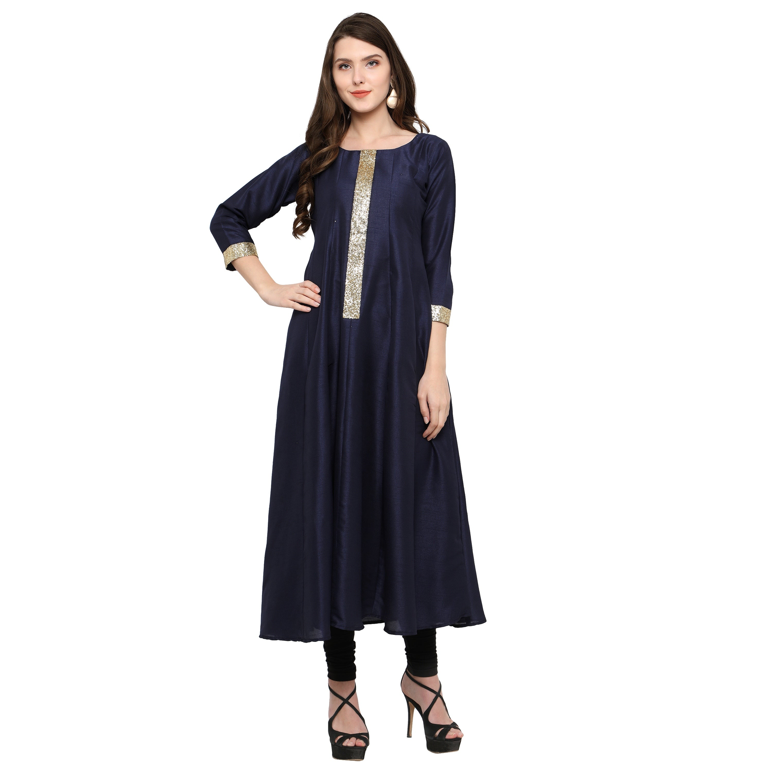 Women's Women's Navy Blue And Gold Only Anarkali Only Kurta For Festive And Party Wear - Ahalyaa