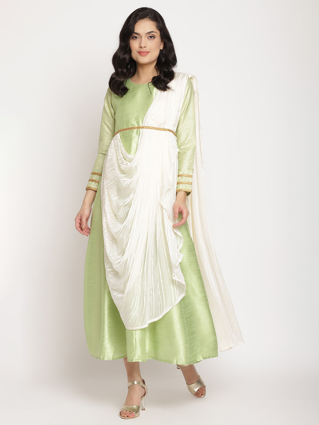 Women's Green Art Silk Kurta With Attached Dupatta- Ahalyaa