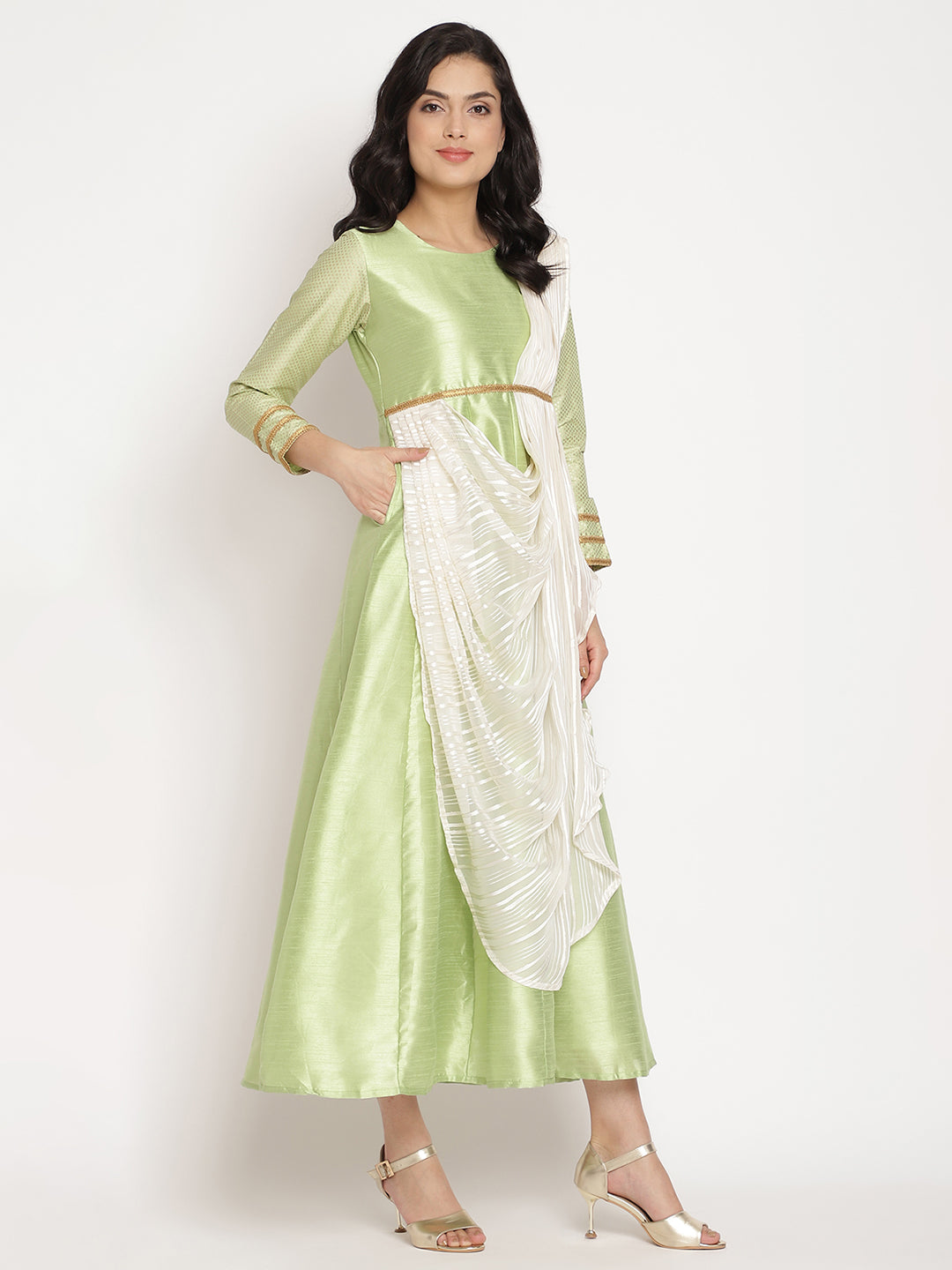Women's Green Art Silk Kurta With Attached Dupatta- Ahalyaa