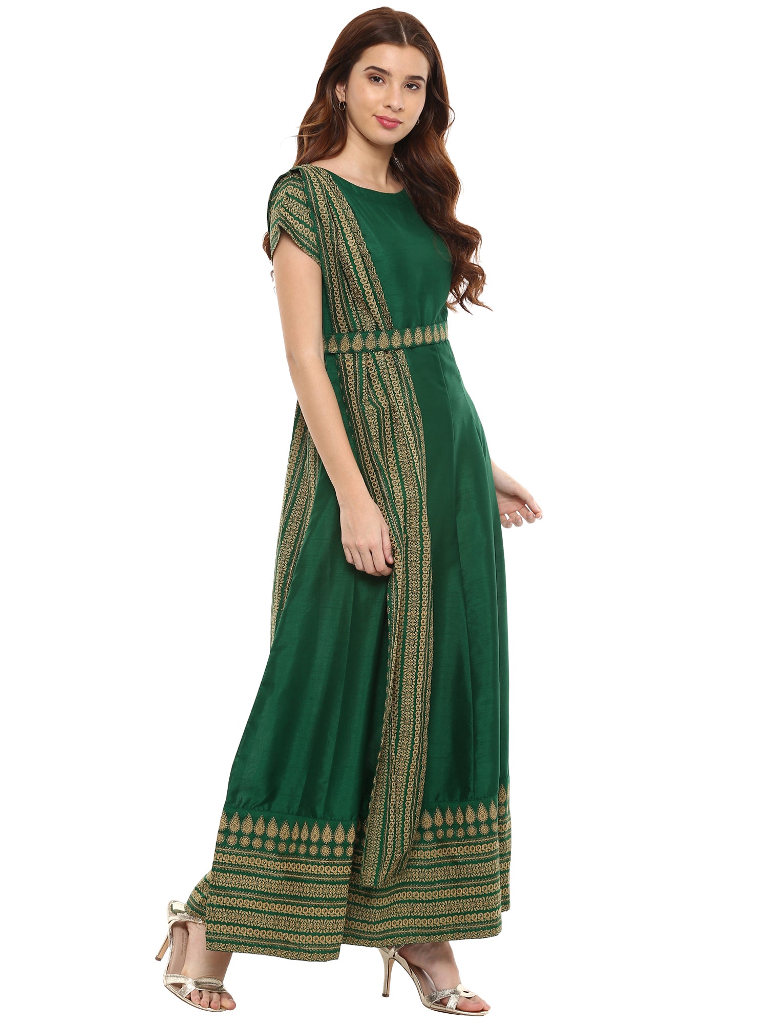 Women's  Green Ethnic Motifs Printed Maxi Dress- Ahalyaa