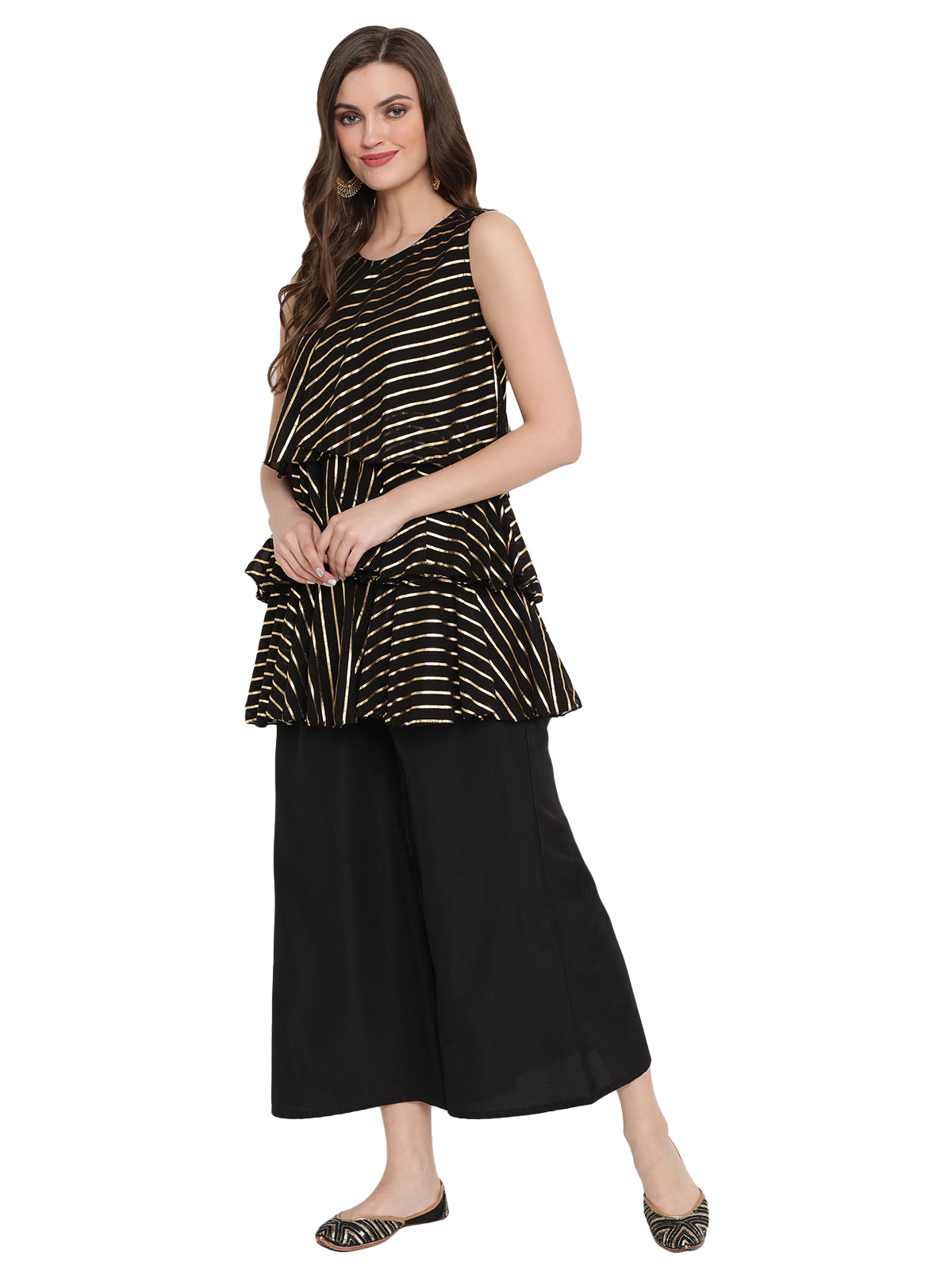 Women's Black Georgette Gold Printed Top With Plazzo - Ahalyaa