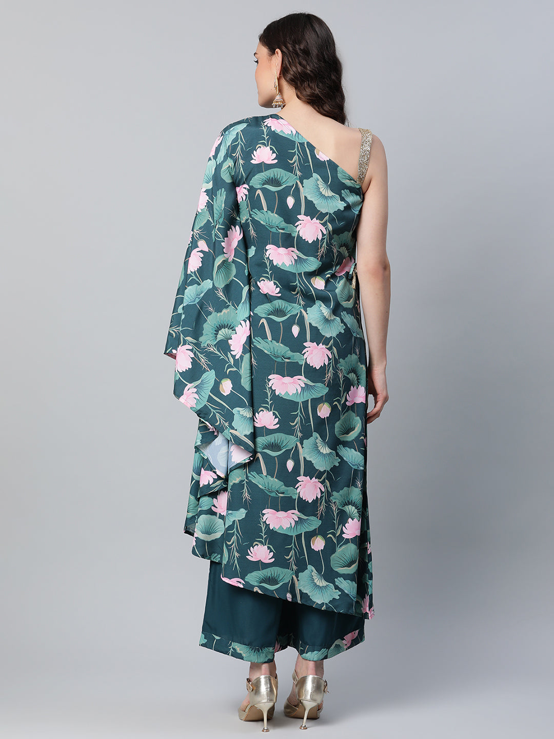 Women's Green Crepe Floral Printed Kurta With Palazzo Set - Ahalyaa