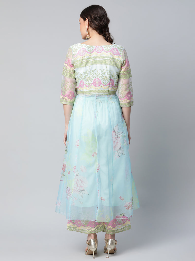 Women's Sea Green Organza Romantic Florals Kurta Palazzo Set