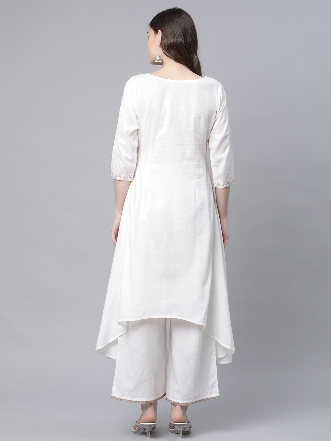 Women's Off White Cotton Printed Asymmetric Kurta Palazzo Set - Ahalyaa
