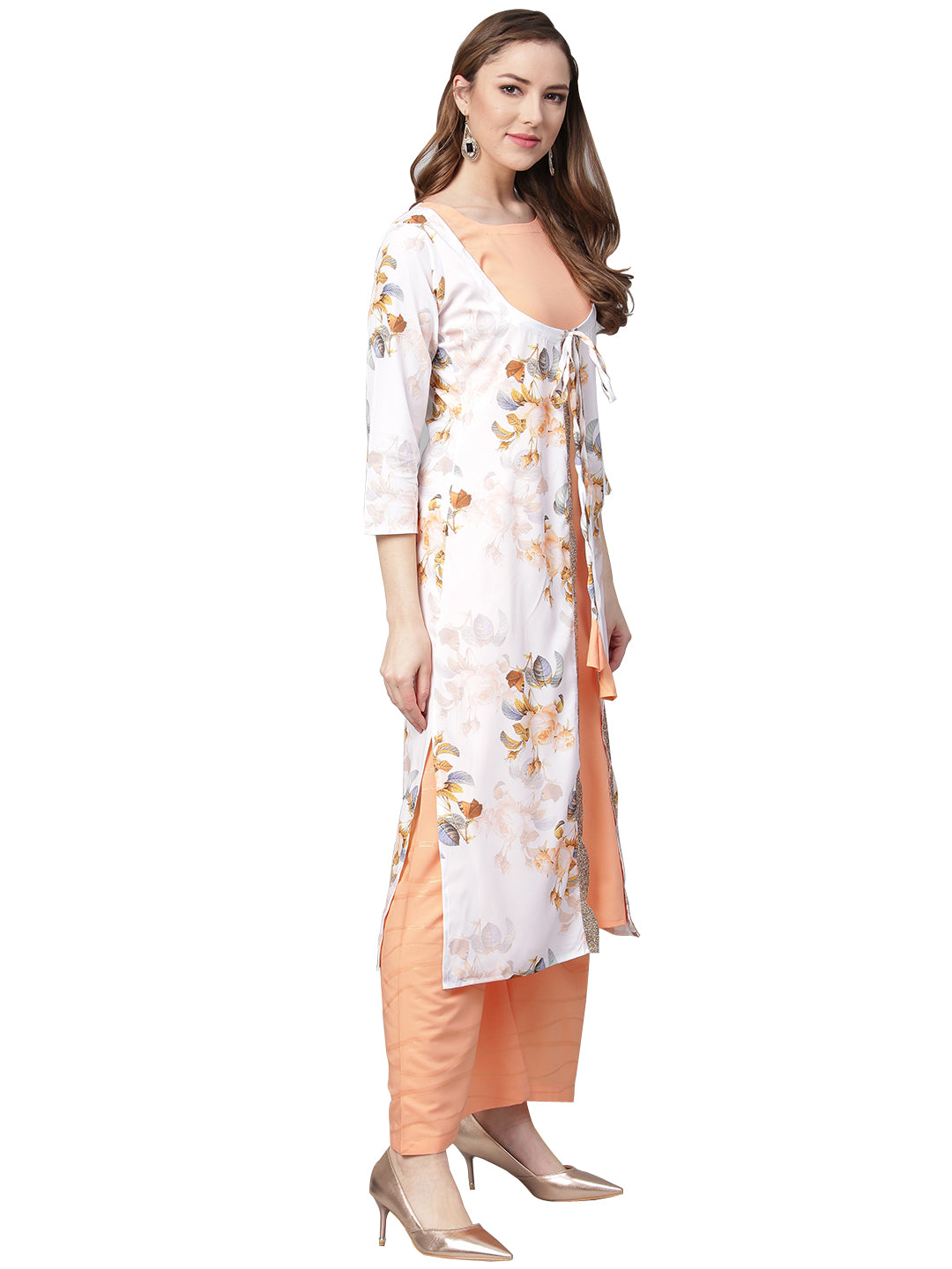 Women's White & Peach Floral Jacket Style Kurta With Plazzo - Ahalyaa