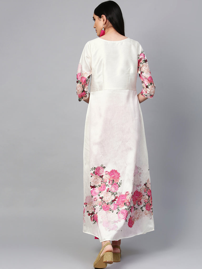 Women's White Poly Silk Printed Kurta Palazzo Se