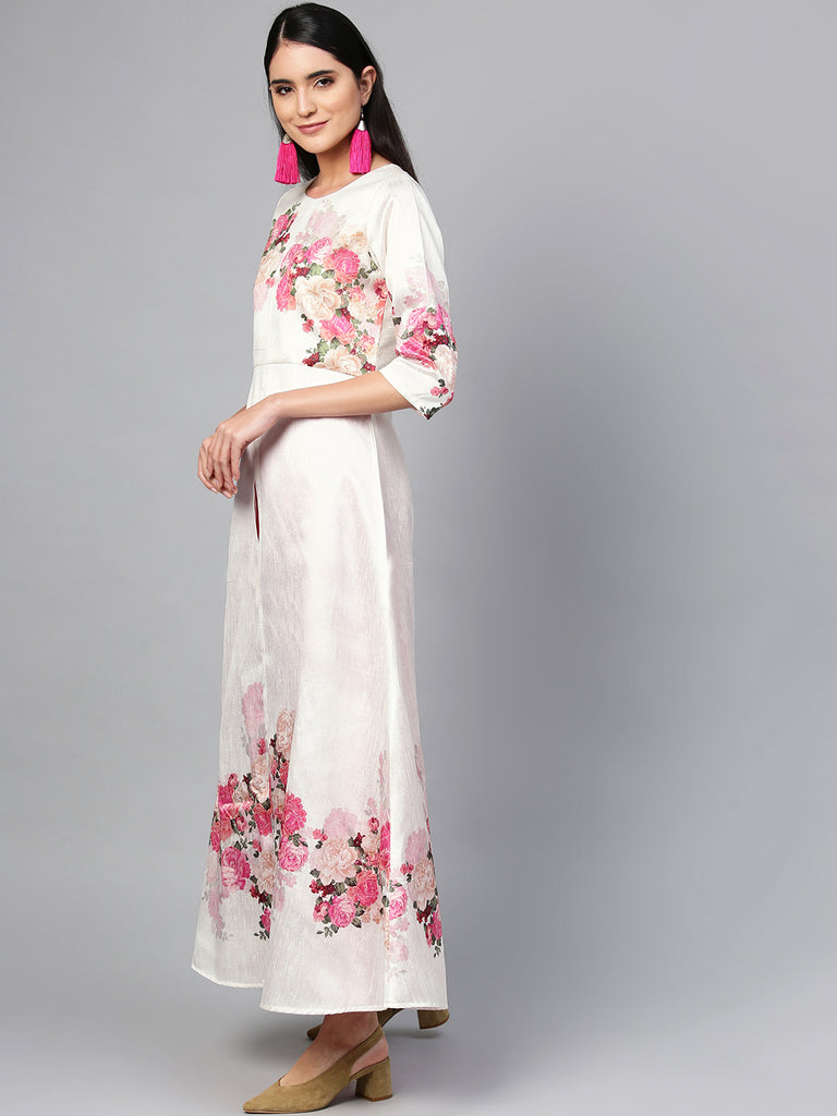 Women's White Poly Silk Printed Kurta Palazzo Se