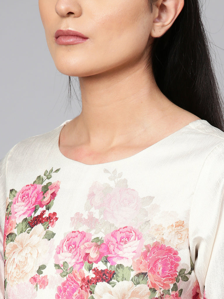 Women's White Poly Silk Printed Kurta Palazzo Se