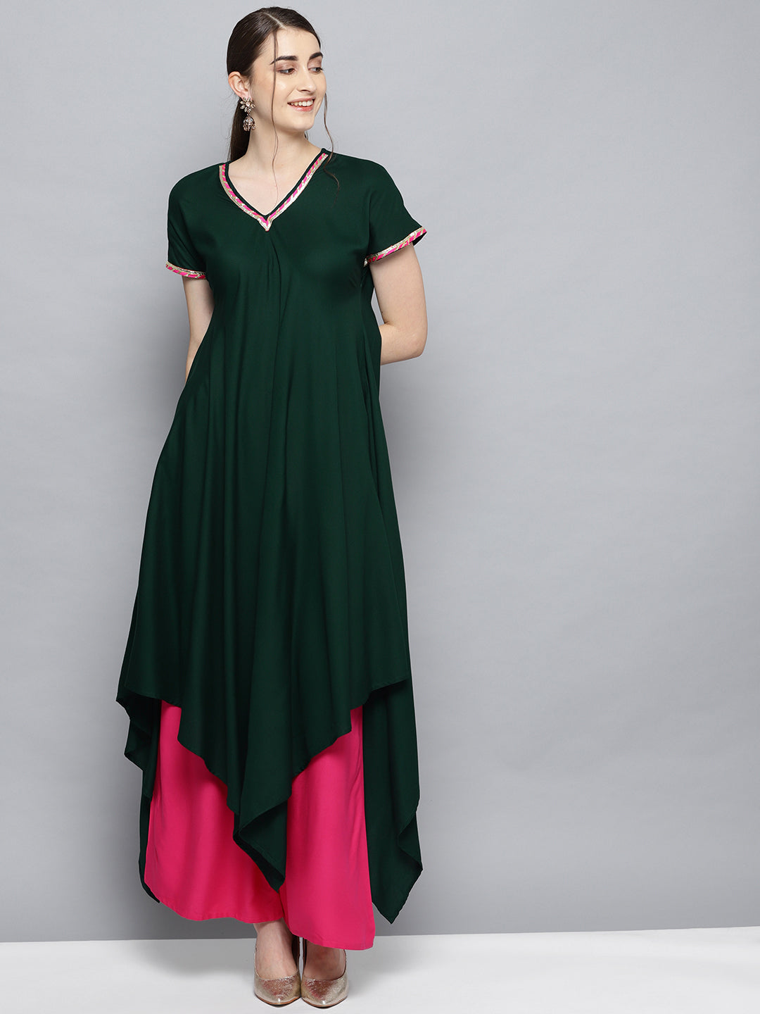 Women's Dark Green Solid Kimono Rayon Kurta Set  - Ahalyaa