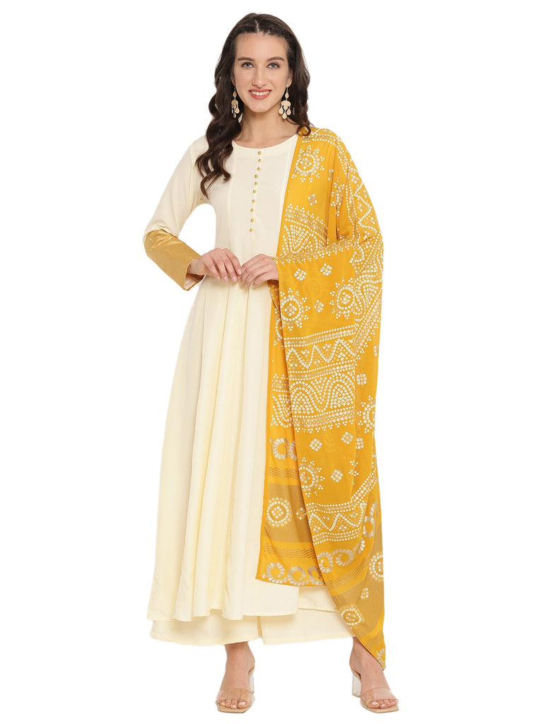 Women's Cream Crepe Solid Anarkali Kurta Palazzo Set With Printed Dupatta