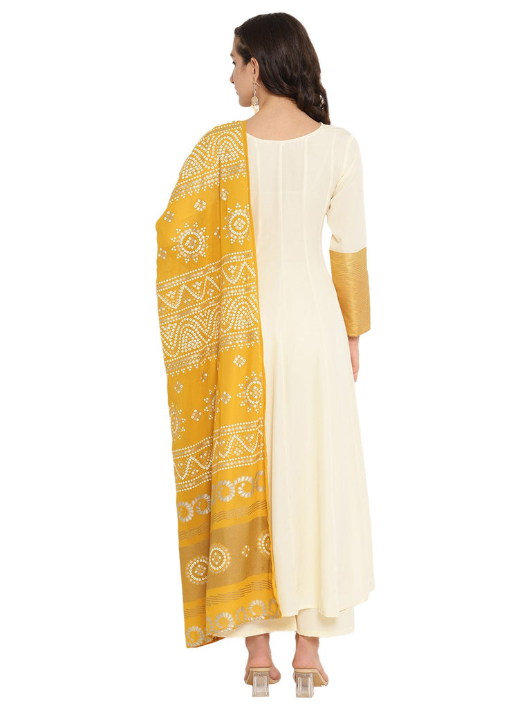 Women's Cream Crepe Solid Anarkali Kurta Palazzo Set With Printed Dupatta
