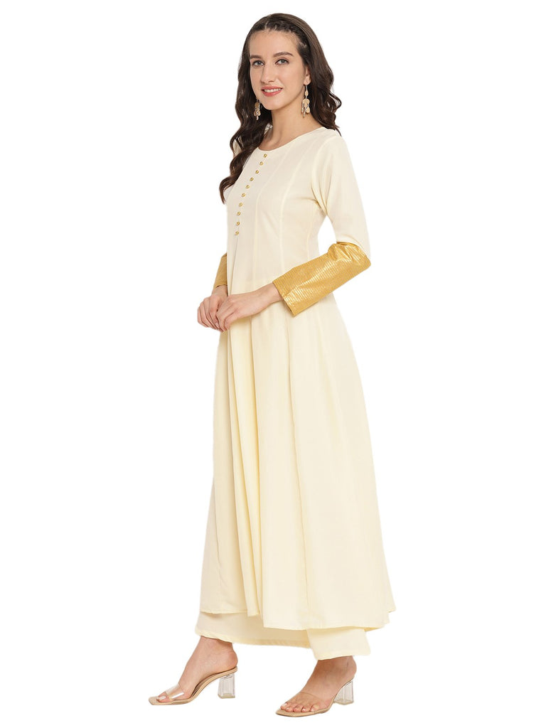 Women's Cream Crepe Solid Anarkali Kurta Palazzo Set With Printed Dupatta